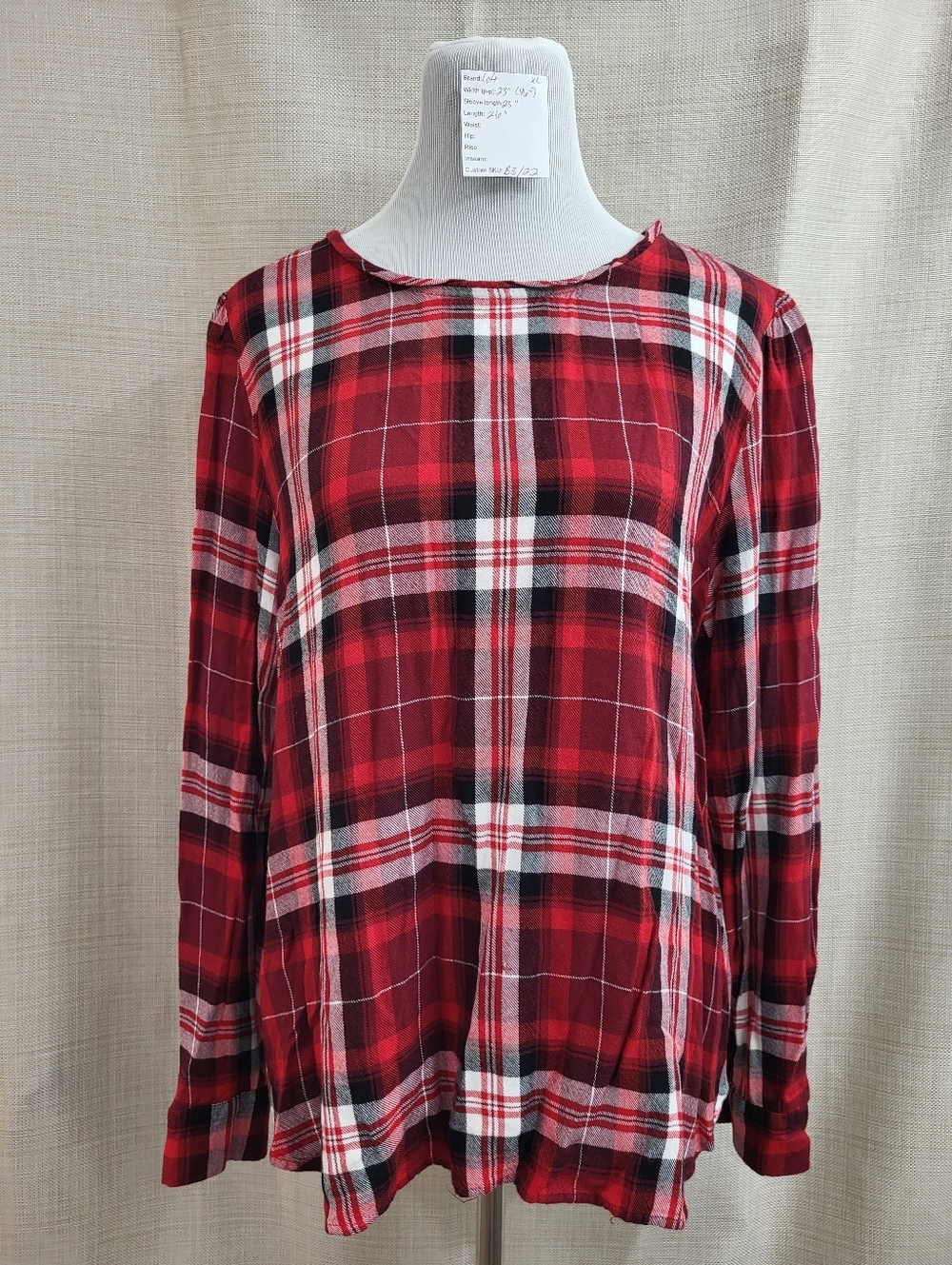 LOFT Women's Red Plaid Top‎ Back Button Closure Cottagecore Winter Size XL